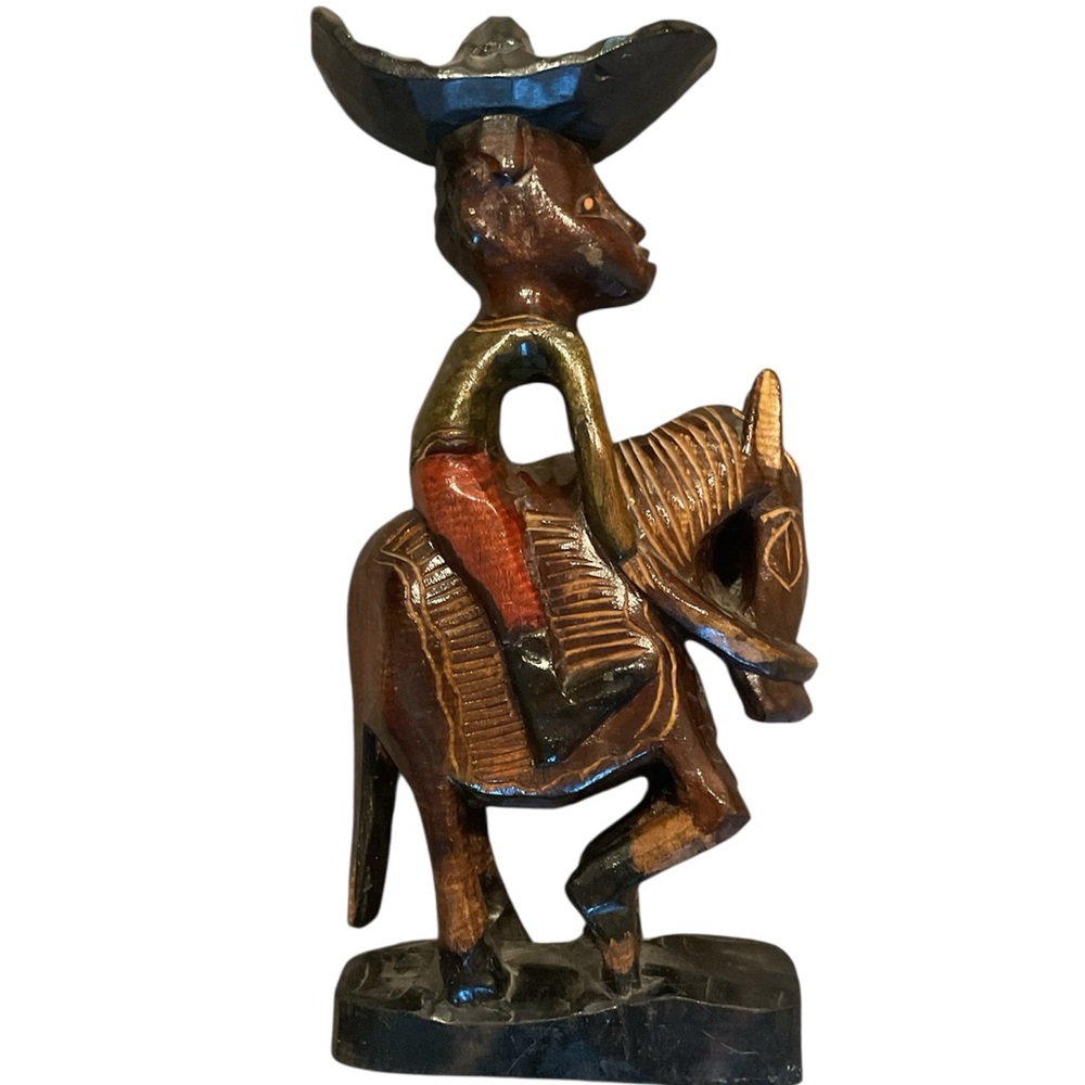 Vintage Hand Carved Cowboy Western Horse Equestrian Etched Wood Statue Decor Y2K